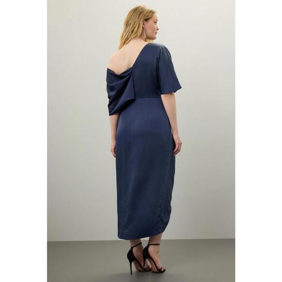 Theia Blue Rayna One Shoulder Draped Gown Size 8 with Fabric Pull - Picture 2 of 7